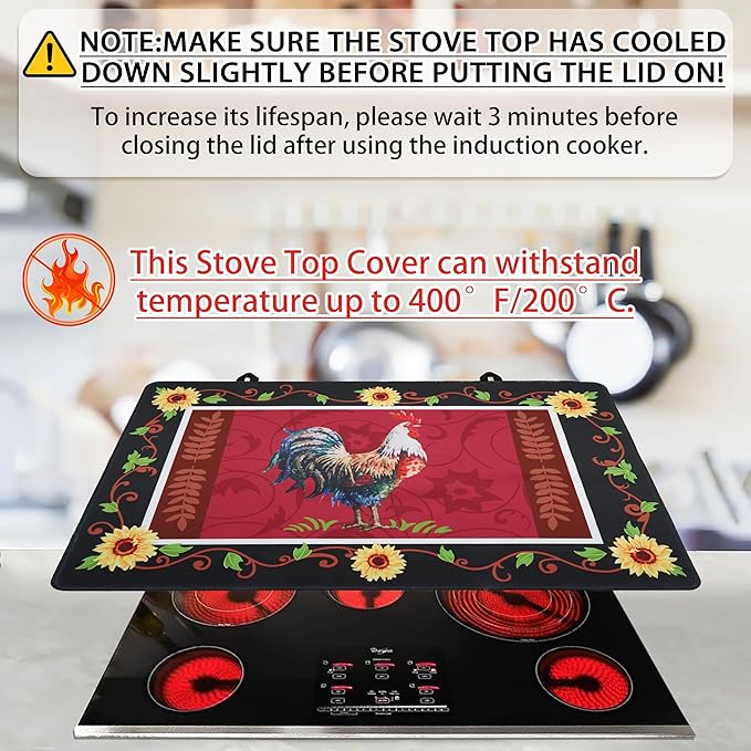 Farmhouse Rooster Stove Top Covers for Electric Stove 20x28 Inch Farmhouse Heat Resistant Glass Top Stove Cover Washable Foldable Cooktop Protector