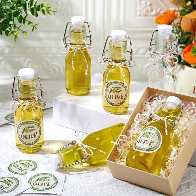 Queekay 20 Pack Mini Swing Top Glass Bottles for Vanilla Extract Homemade Olive Oil Bottles with Lids Airtight Cap Lids Labels for Wedding Baby Shower Favors (4 oz,Clear)