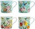 Bone China Coffee Tea Mugs 10-Ounce, Assorted (Botanical Bird Garden), 4 Count (Pack of 1)