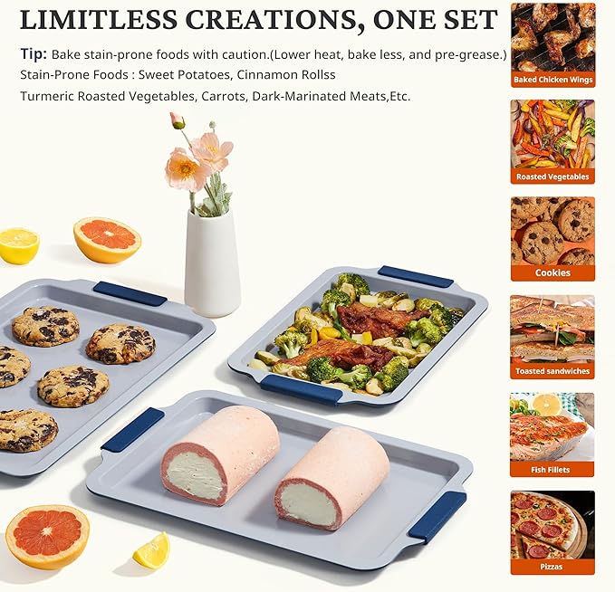 BRONYPRO Non Stick Ceramic Baking Sheet Pan Set of 3, Non Toxic Cookie Sheets (PFAS/PFOA/PTFE Free), Aluminized Steel Oven Trays with Silicone Handles, Rust-Resistant, Warp-Resistant to 500°F, Navy