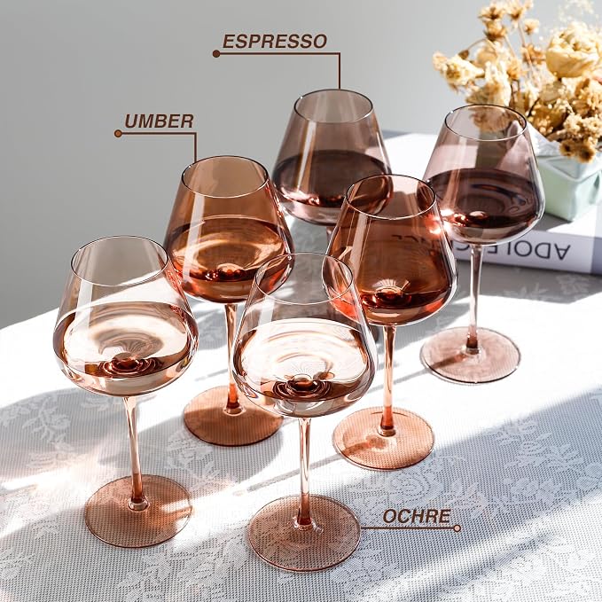 Physkoa Venus Wine Glasses Set of 6-18oz Hand Blown Amber Wine Glass with Stem, Unique Melanin Colored Wine Glasses, Mocha Mousse-Inspired Colors Glassware for Home Decor & Gifts