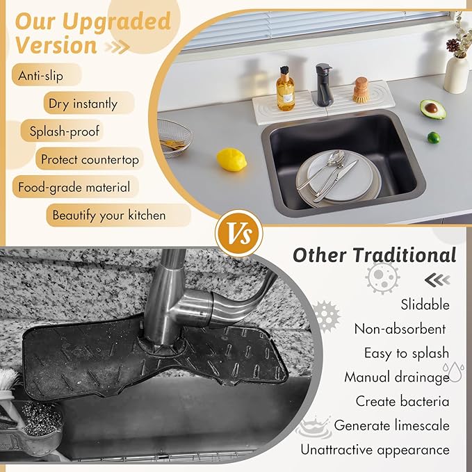 16" Faucet Mat for Kitchen Sink, Long Diatomite Fast Drying Stone Sink Tray, Super Absorbent, Prevents Moisture Buildup, Durable Protector for Kitchen Bathroom Counter, Gift for Housewarming, White