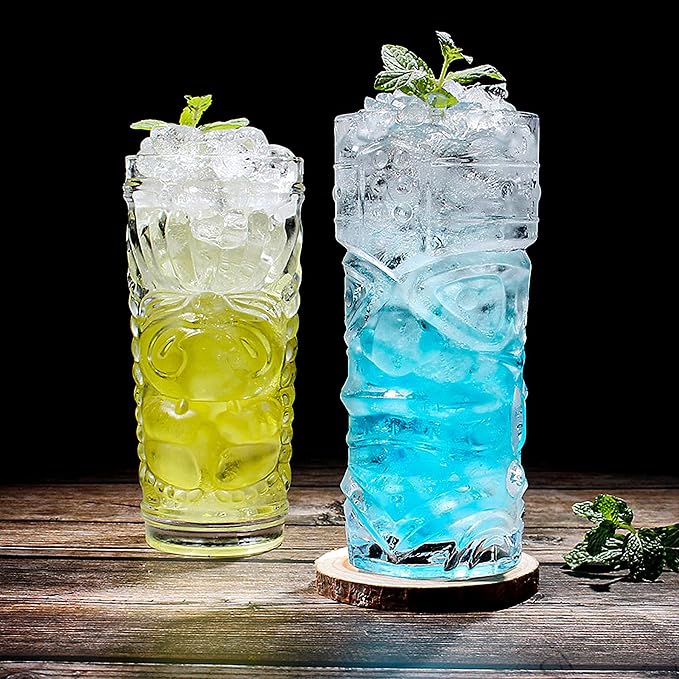 Tiki Glasses Set of 6 - 14 Oz Highball Glasses for Cocktails - Modern Clear Tropical Cups Tumbler Set - Mixed Drinking Glass for Hawaiian Bar Island Party Beverages Iced Tea