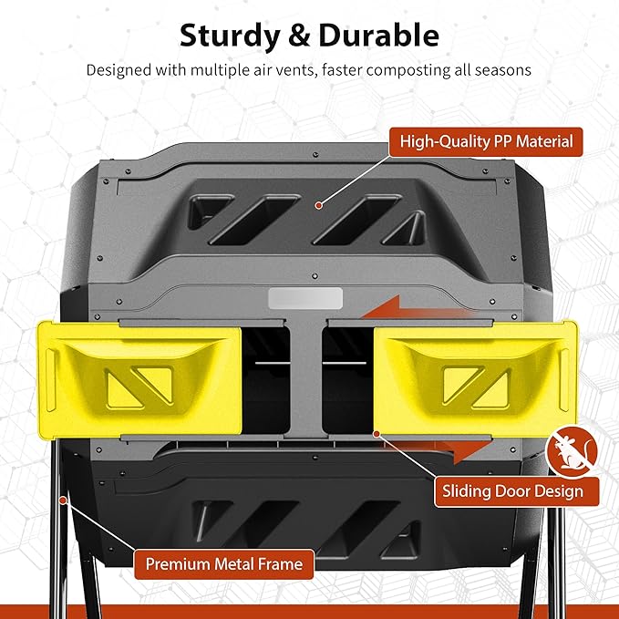 Compost Bin Outdoor, 43-Gal Dual Chamber with Steel Frame, Lagre Compost Tumbler with 2 Sliding Door and Aeration System, 360° Rotating, Tumbling Composter Bin for Kitchen, Garden, Yard, Black Yellow