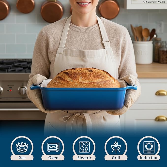 11x5 Inch Cast Iron Loaf Pan with Lid, Large Loaf Pans for Sourdough Bread Baking, Even Heat Distribution Loaf Dutch Oven for Homemade Bread, Meatloaf (5.8Qt, Marseille)