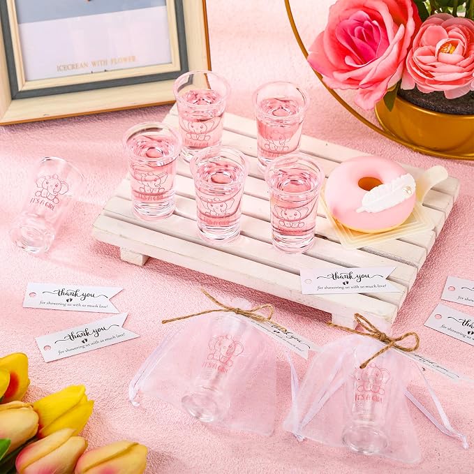 Pickmesh 25 Sets Baby Shower Shot Glasses for Guests Include Acrylic Clear Shot Glasses Thank You Cards Organza Bags Babies Shower Gifts for Gender Reveal Party Supplies (Elephant Girl)