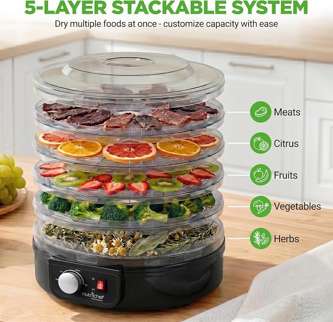 Nutrichef Electric Countertop Food Dehydrator | Professional Multi-Tier Food Preserver | Dehydrate Fish, Beef Jerky, Meats, Mushrooms, Fruits & Vegetables | 5 Stackable Trays for Easy Cleaning