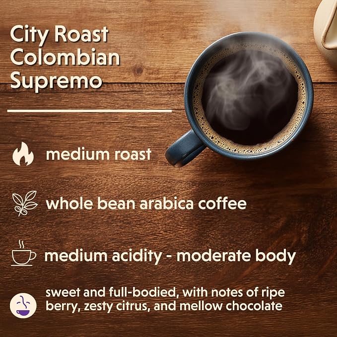 Coffee Bean Direct City Roast Colombian Supremo, Whole Bean Coffee, Arabica Coffee, Medium Roast, 5 Pound Bag (Pack of 1)