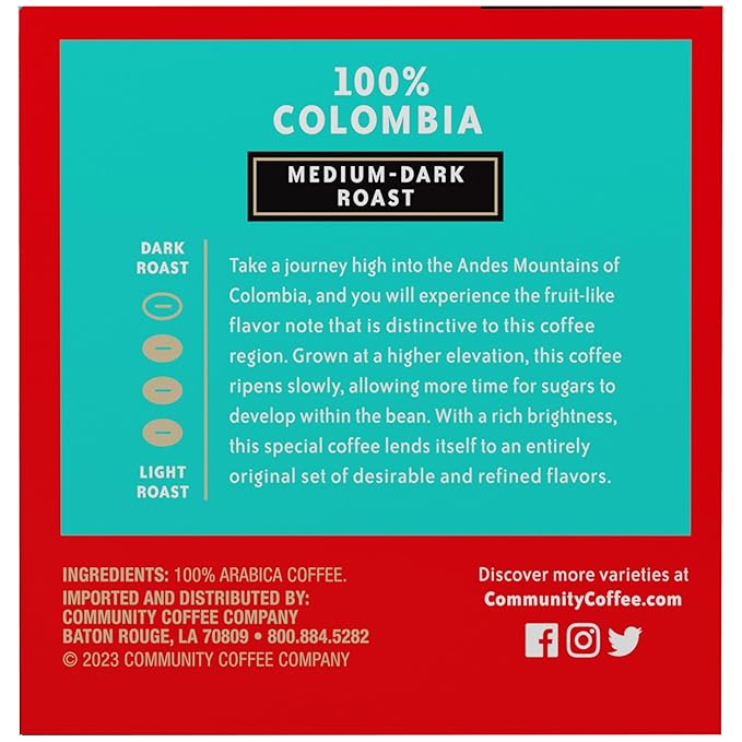 Community Coffee 100% Colombia Coffee Pods, Medium Dark Roast, Compatible with Keurig 2.0 K-Cup Brewers (12 Count, Pack of 6)