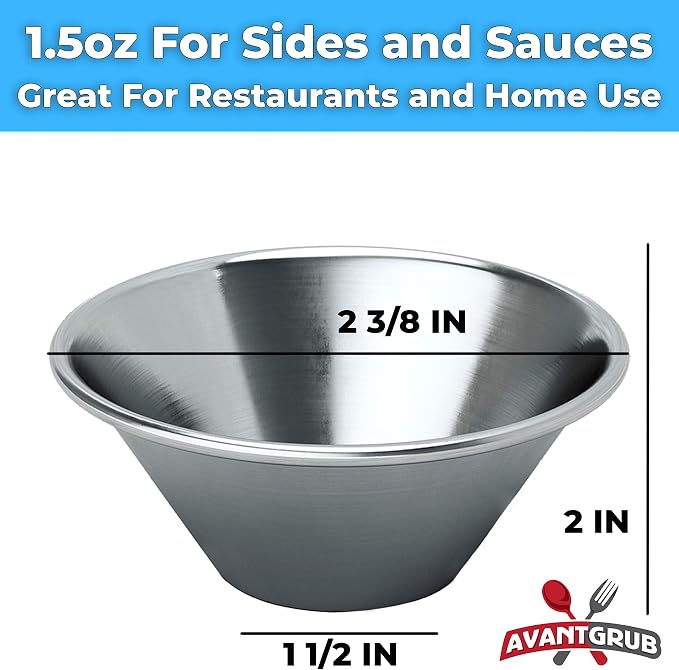 Pro-Grade Stainless Steel 1.5oz Sauce Cups 36 Pk. Reusable Stackable Metal Portion Containers for Sampling, Salad Dressing Sides or Dipping Sauces. Small Ramekin for Restaurant, Catering or Deli.