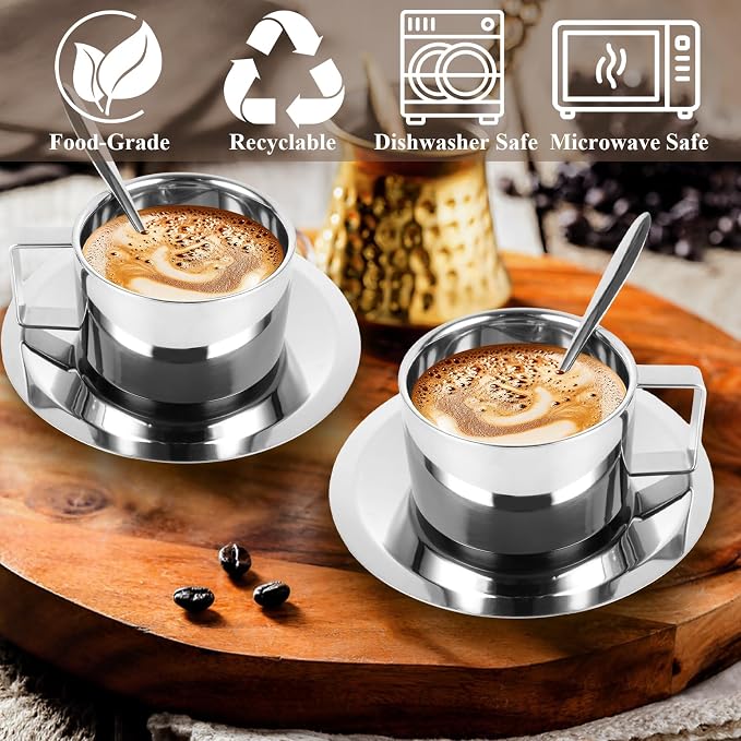 200 Ml/7 Oz Stainless Steel Espresso Cups Set of 4 Stainless Steel Coffee Mug with Saucer and Spoon Double Walled Mug Cup 7 Oz StainlessSteel Coffee Cup with Saucer for Latte, Milk, Tea