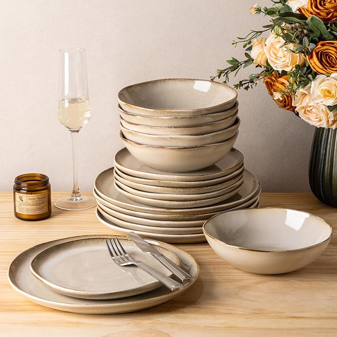 GBHOME Stoneware Dinnerware Sets for 6, 18 Pieces Rustic Earthenware Plates and Bowls Set, Handmade Reactive Glaze Ceramic Plate Sets, Chip Resistant Dishes, Microwave & Dishwasher Safe, Oatmeal Linen