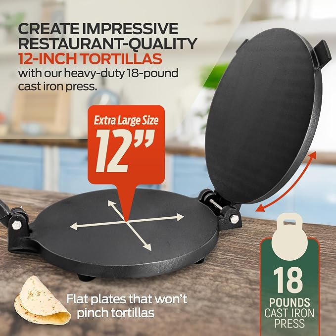 SIRCLES Cast Iron Tortilla Press 12 Inch – Heavy Duty Tortilla Press for Homemade Corn & Flour Tortillas, Prensa para Tortillas - Durable & Pre-Seasoned Kitchen Tool