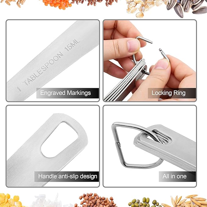 Measuring Cups and Spoons Set, Stainless Steel Measuring Cups, 18/8(304) Material Heavy Duty 7 Measuring cups and 8 Measuring Spoons 1 Leveler and 2 rings Pack 18pcs Per set