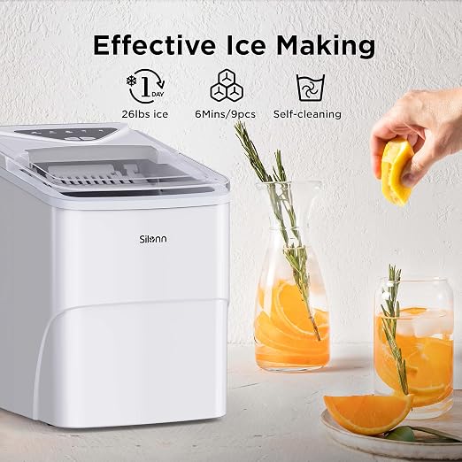 Silonn Ice Makers Countertop, 9 Cubes Ready in 6 Mins, Self-Cleaning Ice Machine with Ice Scoop and Basket, 26lbs in 24Hrs, 2 Sizes of Bullet Ice for Home Kitchen Office Bar Party, White