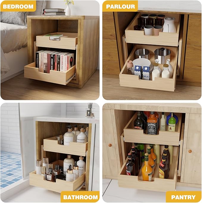 Pull Out Cabinet Organizer, 26''W×21''D×16''H Soft Close Slide Out Wooden Pull out Drawers, Double Tier Slide out Wood Cabinet Organizer, for Base Cabinet Organization in Kitchen, Pantry, Bathroom
