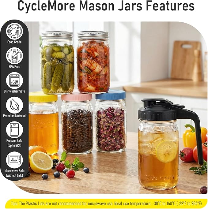 CycleMore 32 oz Wide Mouth Mason Jars with Airtight Metal Lids, 6-Pack Canning Jars with Colorful Plastic Lids & Pitcher Lid, Quart Jars for Overnight Oats, Pickling, Cold Brew, and Sun Tea