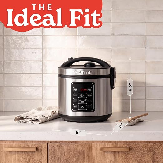 Gourmia Rice Cooker – 3 Qt Capacity, 12 Cup Cooked, 6 Cup Uncooked, Digital Controls, Grain Cooker & Steamer, Built-In Steamer Basket, Nonstick Ceramic Pot, Delay Timer, Keep Warm, Stainless Steel