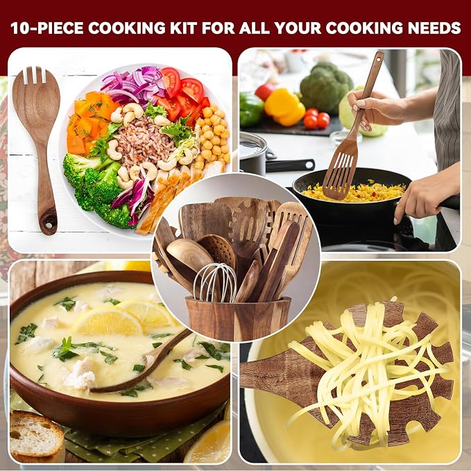 SiliFine 11 Pcs Wooden Kitchen Utensils Set with 360° Trumpet Rotating Holder Acacia Wood Cooking Utensils with Holder Cooking Spoons Spatulas for Nonstick Cookware Countertop Kitchen (Natural)