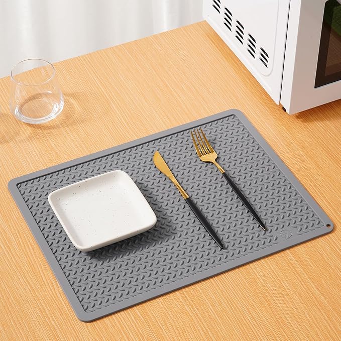 Silicone Drying Mat & Heat Resistant Mat for Kitchen Counter, Non-Slip Dishwasher Safe, Raised Edge for Dishes Bottles Sink (25.5x17.7in, Gery)