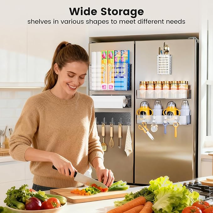 Magnetic Spice Rack for Refrigerator,6 Pack Magnetic Shelf,Fridge Magnet Organizer with Paper Towel Holder,Utensils Racks,Hook Rack,Deepened Basket,Fridge Organizers and Storage Clear(6 Pack)