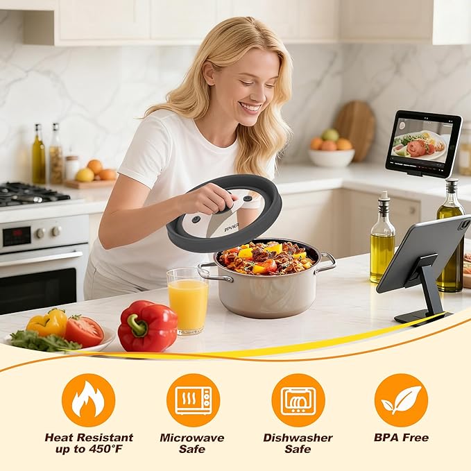 Microwave Splatter Cover - 10.8" Glass Lid with Collapsible Silicone Rim, Universal Pot & Plate Cover for Mess-Free Heating (Black, 10.8inch)