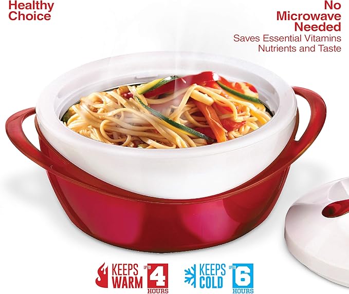 Pinnacle Large Insulated Casserole Dish with Lid 2.6 qt. Elegant Hot Pot Food Warmer/Cooler -Thermal Soup/Salad Serving Bowl Stainless Steel Hot Food Container–Best Gift Set for Moms –Holidays Red