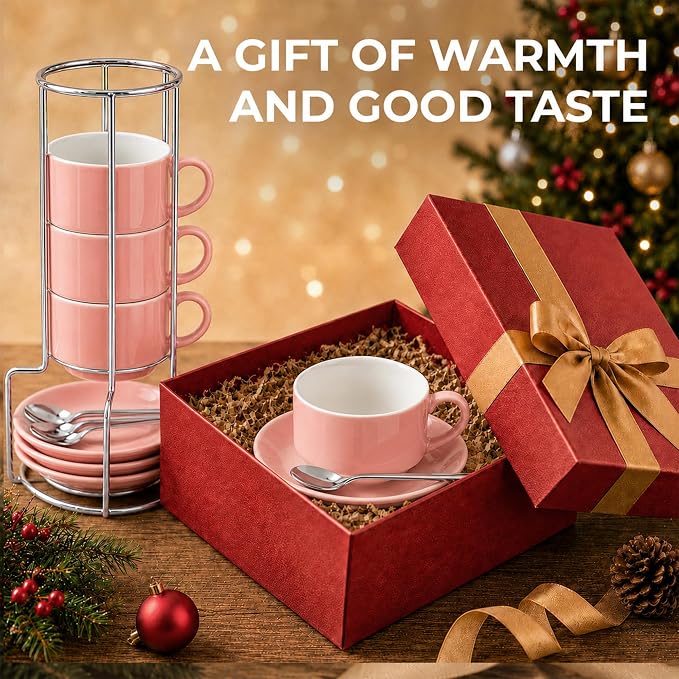 3 Ounce Espresso Cups Set of 4, Stackable Demitasse Mugs, Includes Display Stand, Cups Saucers, and Spoons, for Machines & Home Use, Pink, Silver Tone