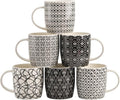 Okllen 6 Pack 11.5 Oz Coffee Mugs Geometric Textured, Ceramic Coffee Mugs Stylish Tea Cup Mugs Set Gift for Latte, Cappuccino, Milk, Water, Cocoa, Cereal, Black and White