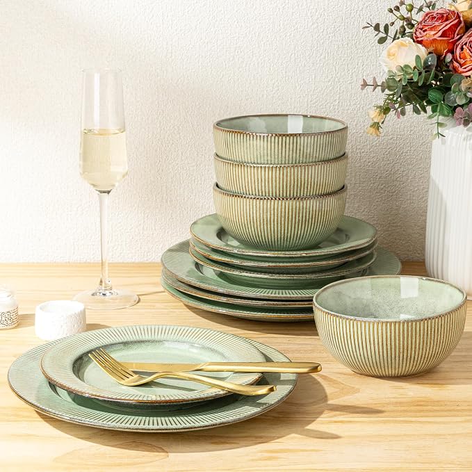 GBHOME Ceramic Dinnerware Sets,12 pcs Embossed Elegant Stoneware Plates and Bowls Sets, Housewarming Wedding Gift | Dishwasher & Microwave Safe | Dishes Set Service for 4