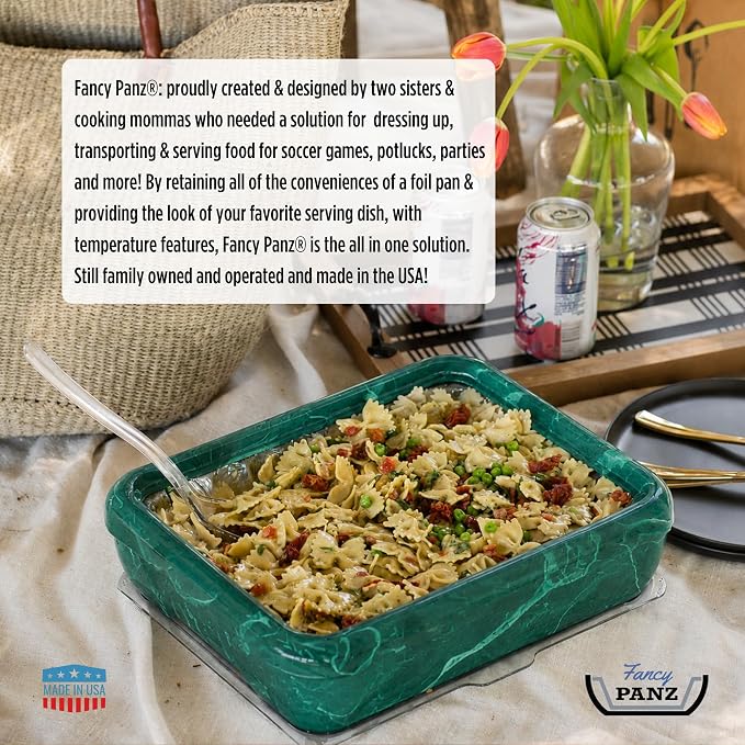 Fancy Panz Green Marble Premium Aluminum Foil Pan Carrier with Secure Latch Lid & Hot/Cold Gel Pack - Made in USA Reusable Casserole Carrier for Half Size Pans - Food Transport Holder for Entertaining