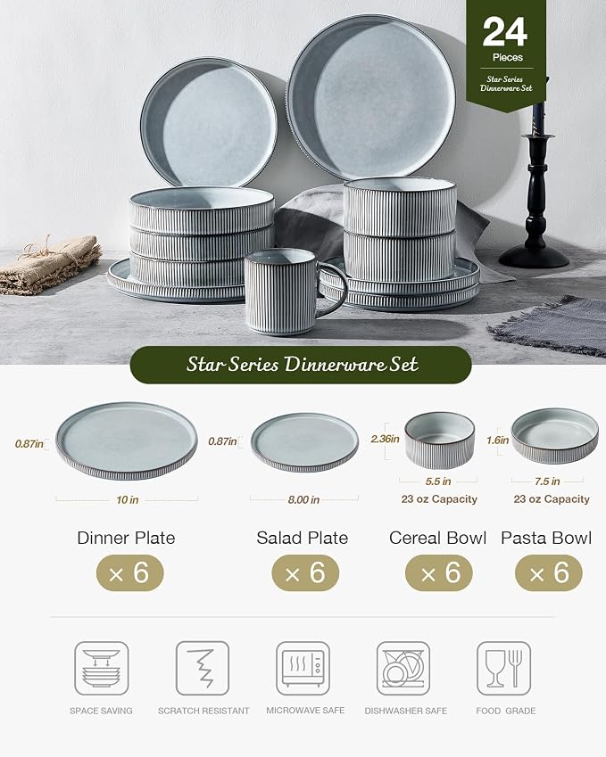 Famiware Star 24-Piece Stoneware Dinnerware Sets, Service for 6 - Shallow Pasta Bowls & Flat Plates, Modern Rustic Reactive Glaze Dishes, Chip/Scratch Resistant, Microwave/Dishwasher Safe, Smoky Blue