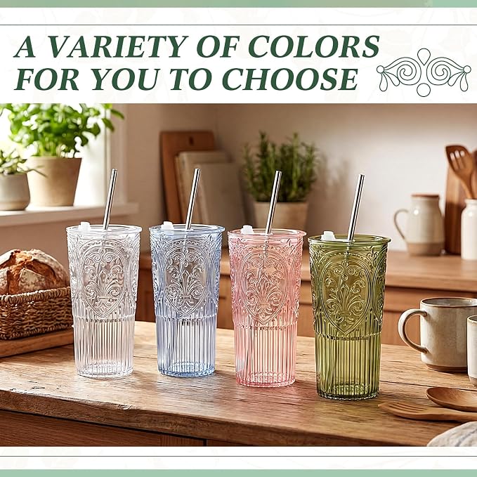 16 Set 20oz Vintage Plastic Tumbler with Lids and Straws Ribbed Floral Drinking Glasses Reusable Iced Coffee Cups for Water Juice Smoothie Cocktail Travel Party Events Gift (Clear)