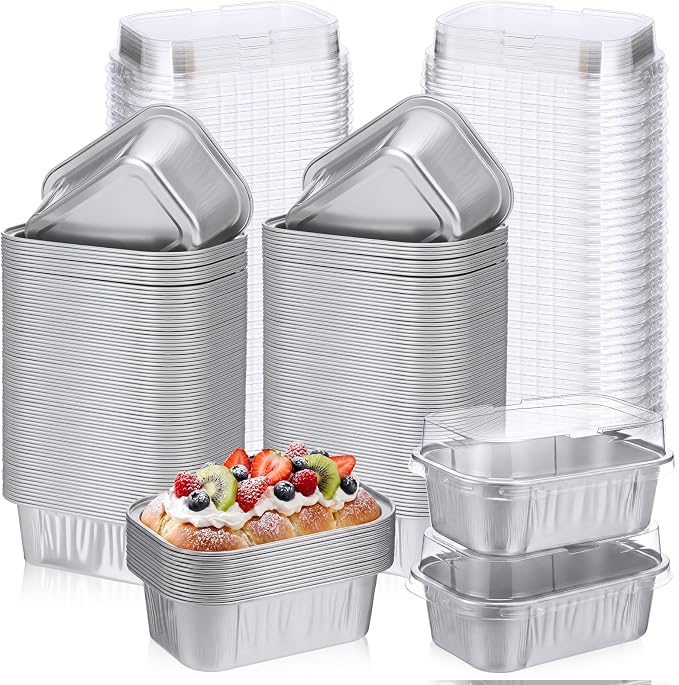 Vesici 100 Sets Mini Loaf Pans with Lids, 5.7 oz Disposable Aluminum Foil Baking Cups, Rectangle Cake Pans for Baking Storage Birthday Party(Silver)