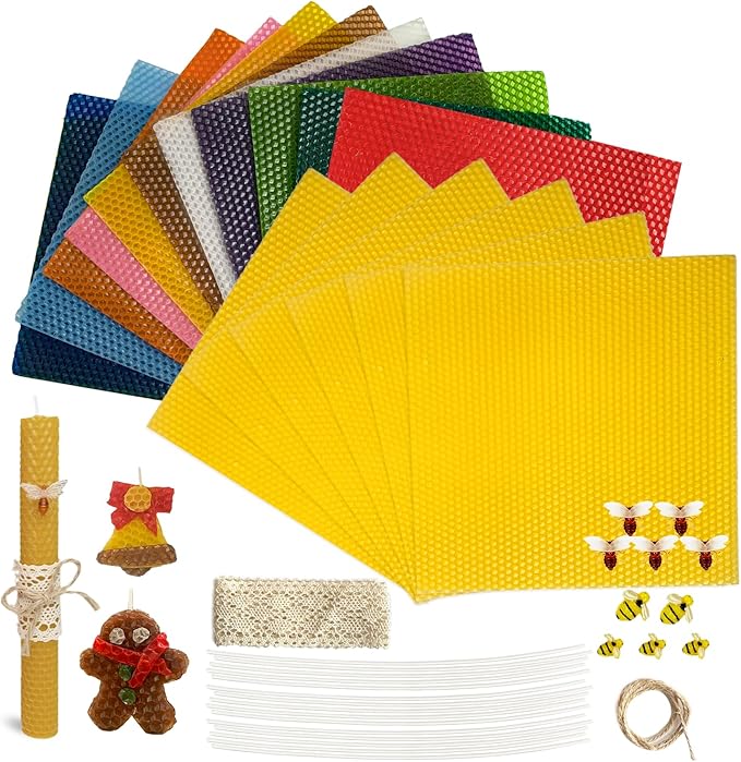 Lacaser Beeswax Sheets for Candle Making Kit, Pure Bees Wax Made Candle Sheets, Include Bee Ornaments, Lace, Cotton Wicks, Gift Tag & Hemp Rope, Size 8"x 8", 16pcs in Assorted Colors