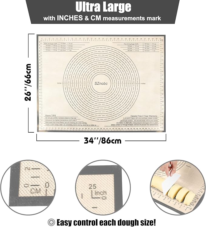 Silicone Pastry Mat 34''By 26'' Nonstick Baking Mats Extra Large Counter Mat for Dough Rolling, Pastry, Pie Crust, Fondant, Cookies, Bread, Pasta, Pizza Mat