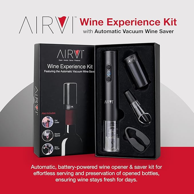 Electric Wine Opener Kit (4-Piece Set) - Includes Automatic Sealer Vacuum Pump, No-Spill Aerator Pourer Spout, and Foil Cutter – Premium Gifts, Accessories for Wine Lovers, Drinkers