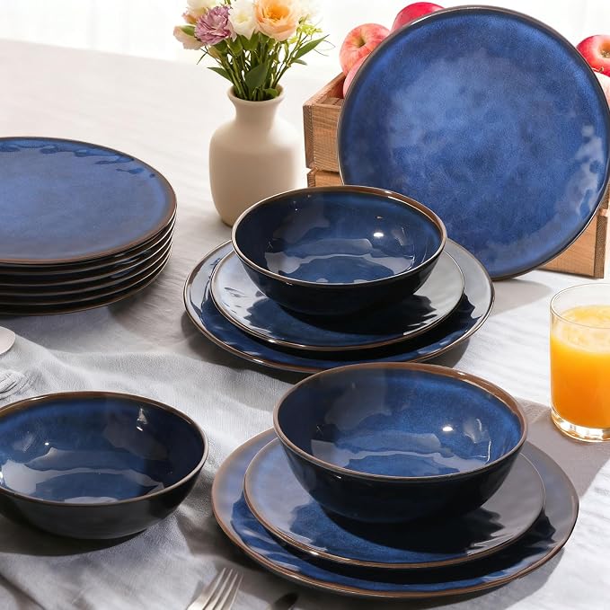 Rustic Farmhouse 12 Piece Melamine Dinnerware Sets - Service for 4, Lightweight with 11" Platesx4,9"Salad Pates x4 and 8"Bowlsx4, for Indoor and Outdoor Use, Unbreakable Kitchen Dinnerware, Blue