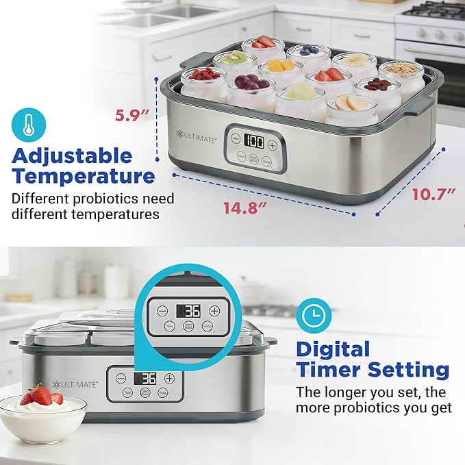 Ultimate Probiotic Yogurt Maker XL with 50% More Capacity, Adjustable Time & Temp Control, Make Trillions of Live Probiotics at Home to Support Gut Health, UNLIMITED LIFETIME WARRANTY (12-Jar Model)