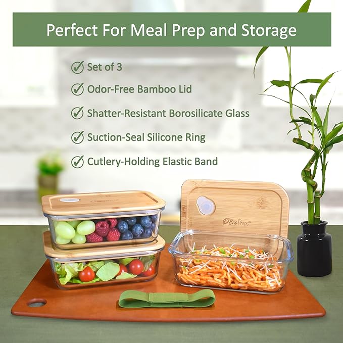 EcoPreps Glass Meal Prep Containers with Bamboo Lids (3 Pack) - 100% Plastic Free, Eco-Friendly Lunch Containers, Bamboo Lid Storage Container Set - Microwave Safe Glass Food Storage Container Set