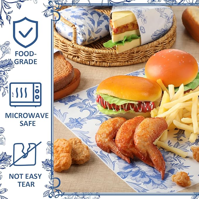 Affrolling 600 Pcs Wax Paper Sheets for Food Blue Floral Chinoiserie Bird Deli Paper Vintage Sandwich Burger Parchment Wrapper Food Basket Liner Wax Sheets for Picnic Party Supplies Kitchen, 6 Styles