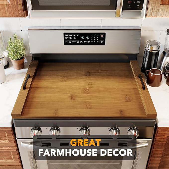 SpaceAid Noodle Board Stove Kitchen Cover with Handles, Top Covers for Gas Burners and Electric Stove, Oven Decor Accessories Wood Tray for Countertop, Brown Bamboo