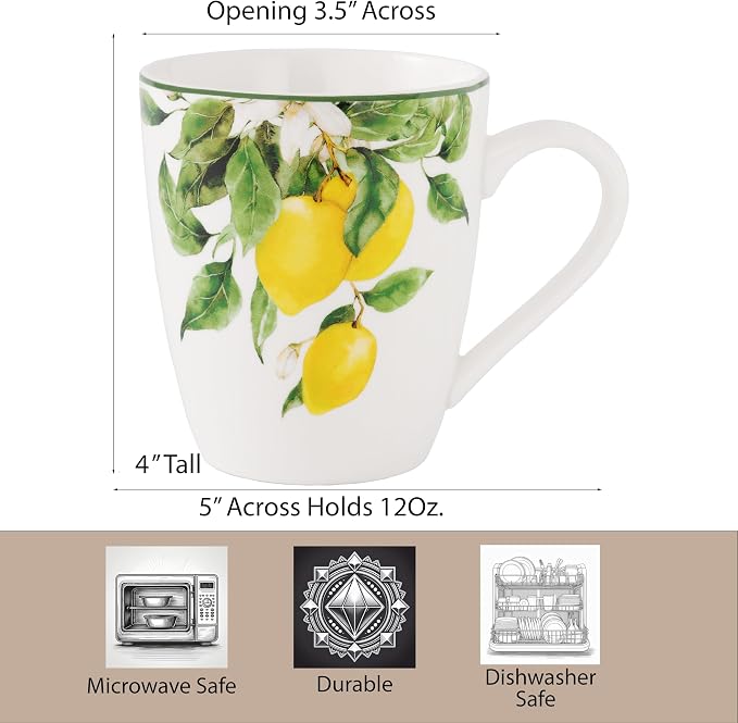 Lorren Home Trends Bone China Lemon Print Coffee Mug Set of 4, 12 Oz, Microwave and Dishwasher Safe (YELLOW)