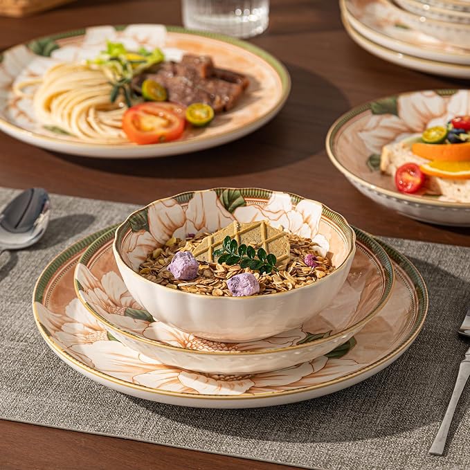 24 Pcs Service for 8 Ceramic Dinnerware Set, Elegant Camellia | Thanksgiving Dinner, Vintage Table Deco, Stackable Porcelain Plates and bowls, Microwave & Dishwasher Safe