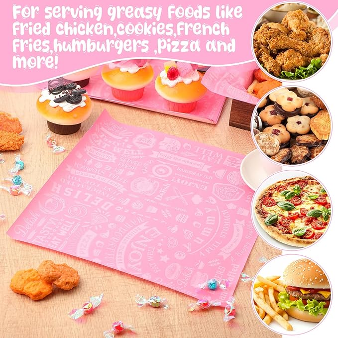 Marspark 200 Pcs Deli Wax Paper Sheets 12 x 12 Inches Square Grease Resistant Tray Basket Liners Hot Dog Wrappers Newsprint Water and Grease Proof Sandwich Wrapping Paper for Food Baking (Pink White)