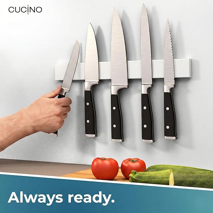 CUCINO Magnetic Knife Holder for wall, 16" no drilling required, includes self-adhesive tape, extra strong for holding knives – Awarded magnet strip – White Rubber