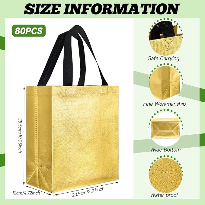 Eccliy Reusable Gift Bags Set Glossy Grocery Gift Tote Bag with Handle for Wedding, Bridal Shower, 4th of July, Summer Event(10 x 8 x 4.7 Inch,Red, Gold, Green with Black Handles,80 Pcs)