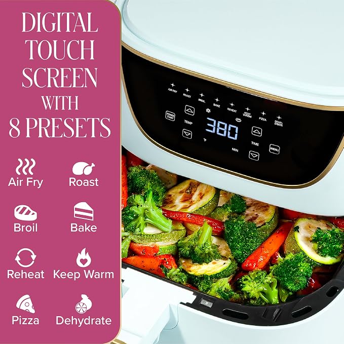 Paris Hilton Air Fryer, Large 6-Quart Capacity, Nonstick Made without PFAS, Touchscreen Display, 8-in-1 (Air Fry, Roast, Broil, Bake, Reheat, Keep Warm, Pizza, Dehydrate), Dishwasher Safe, Aqua