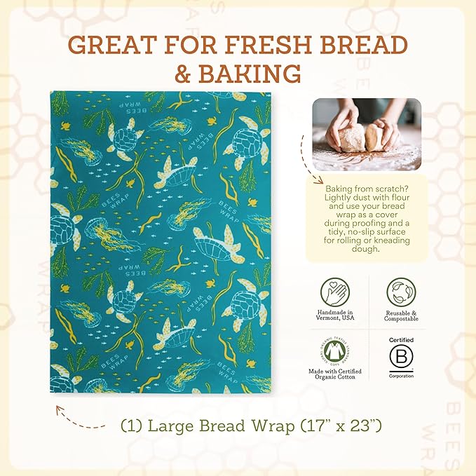 Bee's Wrap Beeswax Wraps for Bread - Beeswax Bread Wrap for Sourdough & Bread Storage - Plastic Free Made in USA Reusable Natural Food Wrap - Ocean