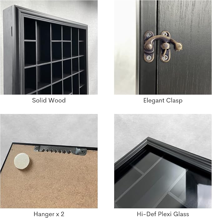 Shot Glass Display Cabinet Solid Wood - Large Display Case for Collectibles | Man Cave Accessories | UV Protection Acrylic Door | Wall Mounted Black Shadow Box | 52 Divided Slots | 32" x 17"